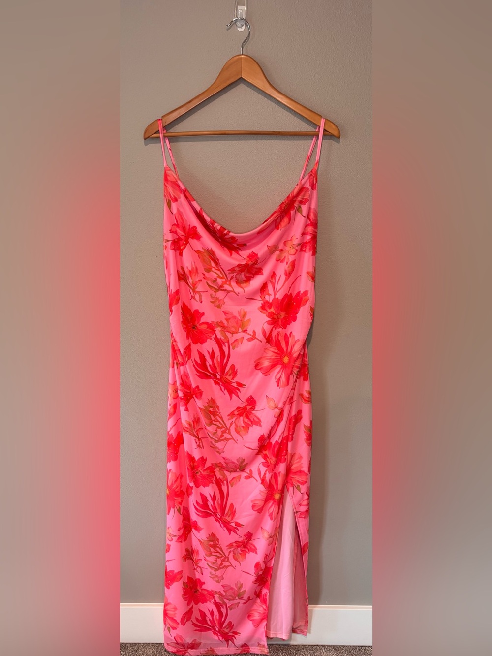 Pink Floral Cowl Midi Dress with Side Slit